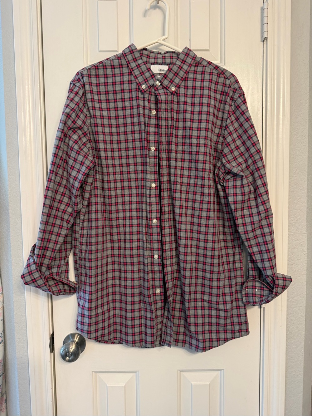 Sonoma Gray & Red/Pink Plaid Button-Down Shirt